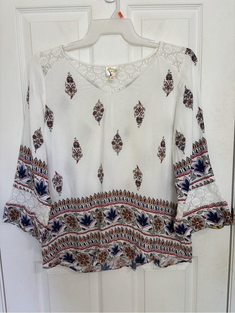 Anthropologie Fig & Flower White Lace Floral Boho 3/4 Sleeve Top